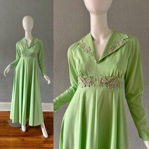 Vintage 60s Melon Green Long Sleeve Hostess Maxi Dress XS/S